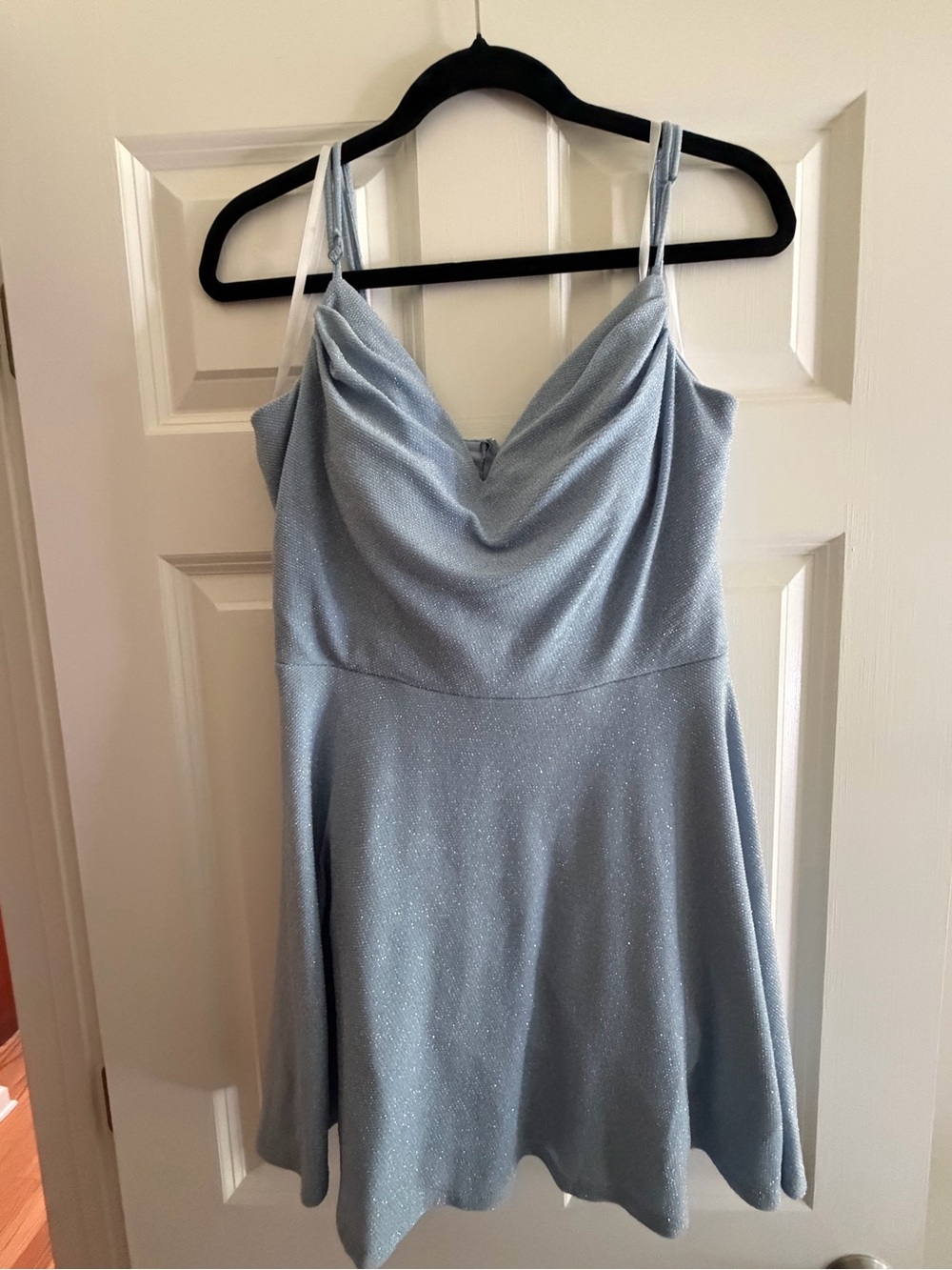 B Darlin Light Blue Sparkle Cowl Neck Mini Dress